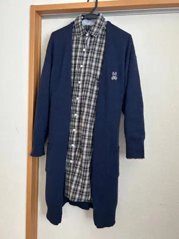 네이비 롱 가디건 체크 셔츠 세트