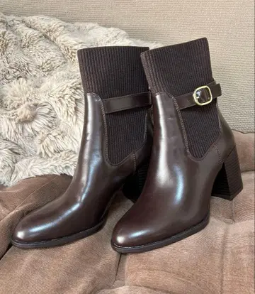 브라운 사이드 고어 부츠 힐 8cm