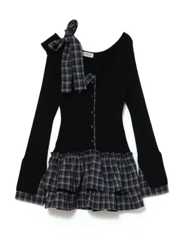 버블 체크 리본 원숄 원피스