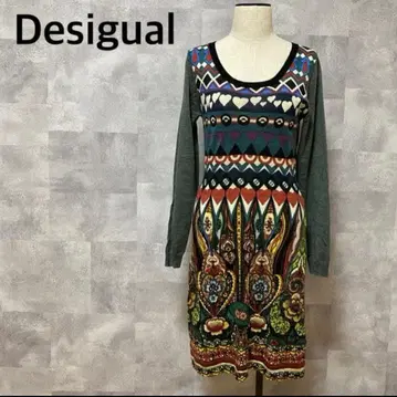 Desigual 디자인 원피스 올 패턴 원포인트 로고 스트레치 소재 M