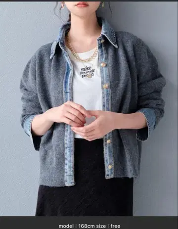 Rejoule 이소재 절개 데님 도킹 니트 가디건 시착만 한 상품