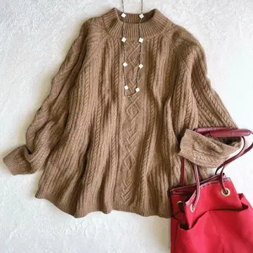 레이빔즈 케이블 니트 페플럼 A라인 스웨터 울 하이넥 F