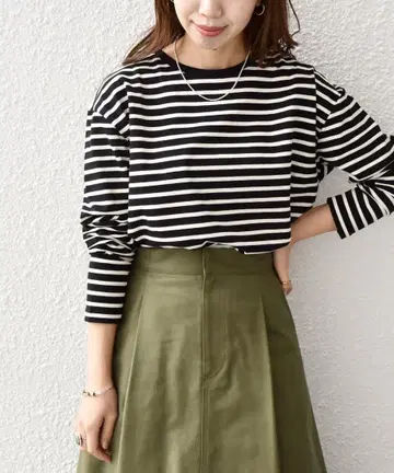 SHIPS any 라운드 헴 롱 슬리브 T셔츠 보더