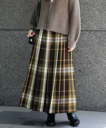 서니 라벨 체크 플리츠 이지 스커트//카키