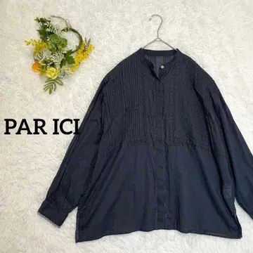 [팰리시] 스탠드 카라 긴팔 블라우스 셔츠 노카라 네이비