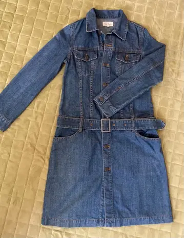 로페피크닉 무릎 기장 데님 원피스 긴팔 허리 벨트 포함