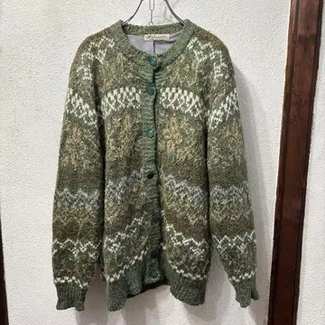 진품 호주 안감 부착 그린 계열 페어아일 패턴 긴팔 가디건