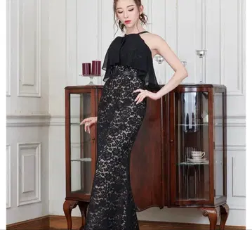 엘르케이 블랙 전체 레이스 롱 드레스