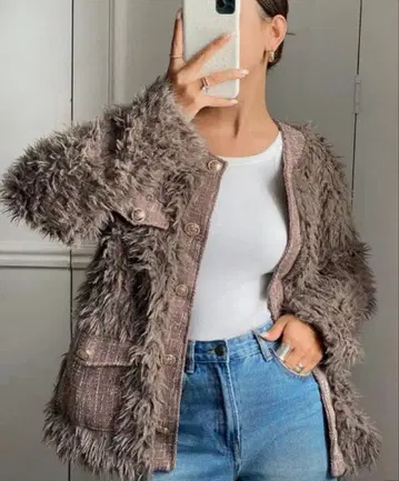 브라운 퍼풍 긴팔 가디건