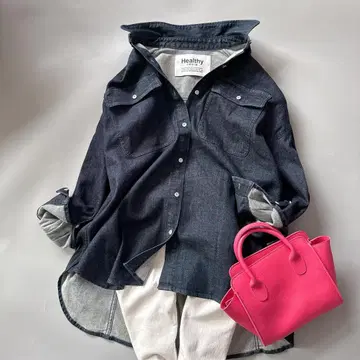 새상품급 헬시 데님 Almond 아몬드 데님 빅 셔츠 다크 네이비