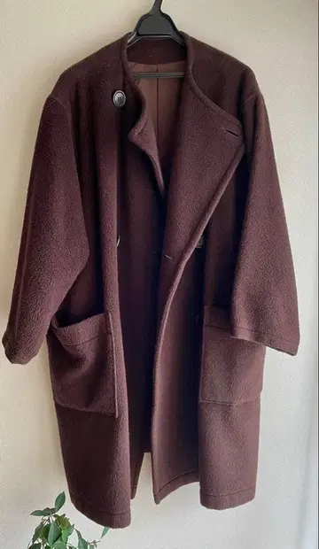 Y's 울 코트 노카라 코트 브라운 램스울 롱미들