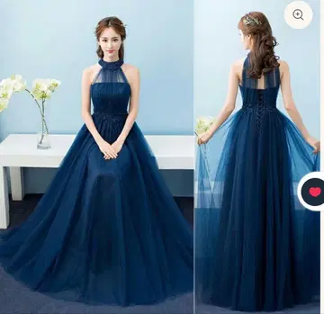 네이비 블루 하이넥 롱 드레스