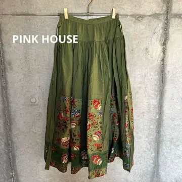 PINK HOUSE 잼병 롱 스커트 자수 카키 [배송비 포함]