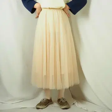 베이지 튤 플레어 스커트 롱 구제 의류