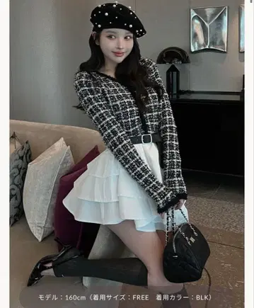 다리치 볼륨 프릴 트위드 니트 미니 원피스 BLK