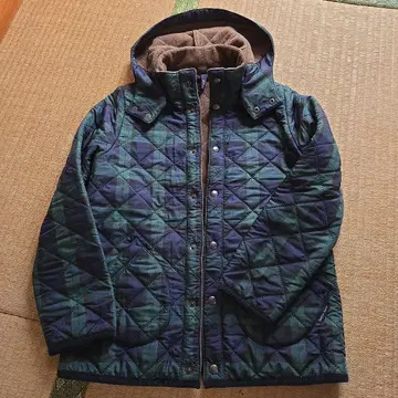 네이비 계열 체크 퀼팅 자켓 후드 부착