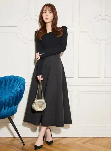 tocco 토코 클로젯 소매 펄 장식 아지메 리브 니트 도킹 원피스