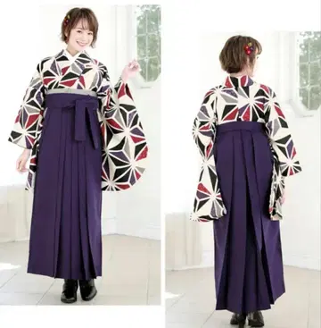 기하학 패턴 하카마 스타일 기모노 3종 세트
