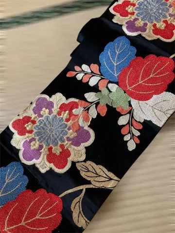 꽃무늬 자수 후쿠로 오비 블랙