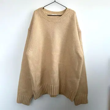 베이지 크루넥 니트 스웨터 여성용 M 루즈핏 울 혼방 두꺼운 원단