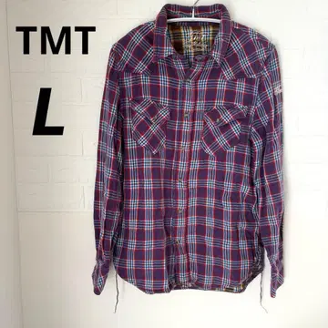 TMT 플란넬 셔츠 체크 무늬 긴팔 L 소매 자수 스냅 버튼 퍼플