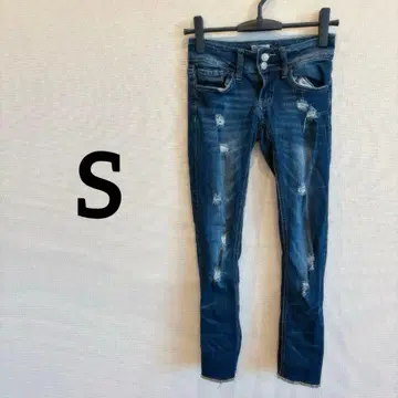 새상품급 [ S ] 데미지 가공 다크 블루 스키니 데님 블루 무지 캐주얼