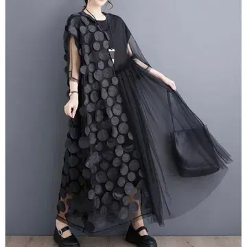 모드 스타일 블랙 원피스 도트 디자인 파티 루즈핏