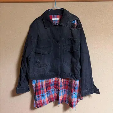 블랙 데님 자켓 체크 무늬 이너 포함