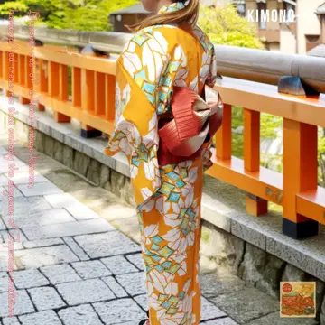 앤티크 기모노 쇼와 레트로 오렌지 꽃무늬 터콰이즈 포인트 컬러 일본 의류