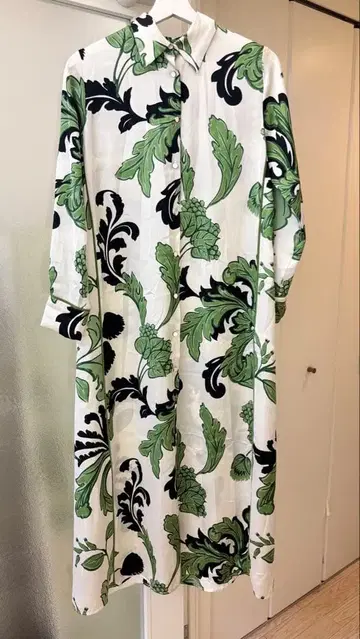 ZARA 셔츠 원피스 긴팔 화이트 그린 블랙 레트로 패턴