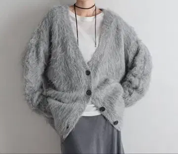 LOWRYSFARM 샤기 롱 V 가디건 그레이