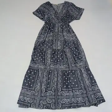 반다나 패턴 네이비 반팔 롱 원피스