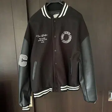 바시티 자켓 블랙 울 합성 피혁