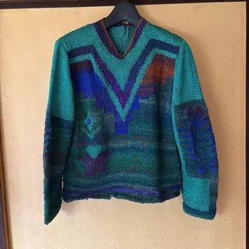손뜨개질 멋진 V넥 니트 스웨터 청록색 보라색 L 사이즈