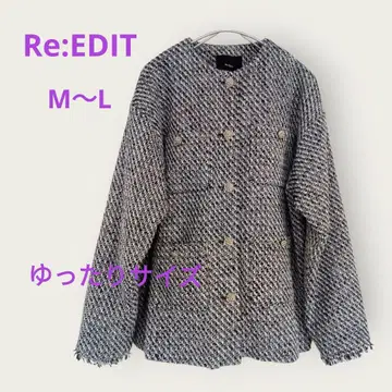 [ Re:EDIT ] 트위드 자켓 화이트 블랙 노카라 L 상당