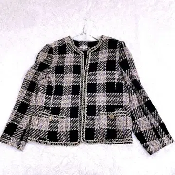 믹스 트위드 노카라 자켓 라메 빈티지 골드 버튼 금 장식