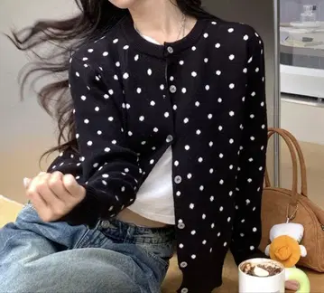 도트 무늬 크루넥 니트 가디건