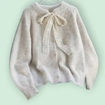 아이보리 리본 포함 니트 스웨터 긴팔