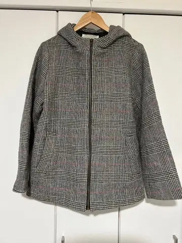 후드 부착 숏코트 체크 울 혼방