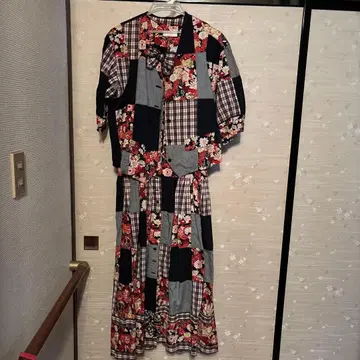 핑크하우스 꽃무늬 체크 패치워크 반팔 롱 원피스 & 베스트