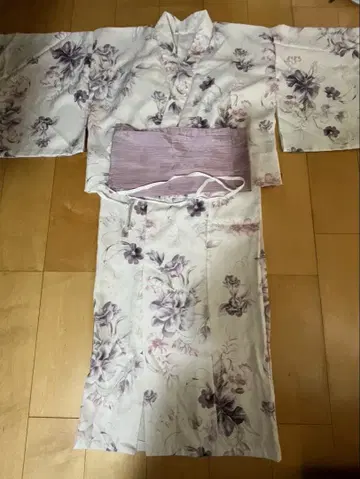 꽃무늬 유카타 오비 세트 화이트 퍼플 그레일