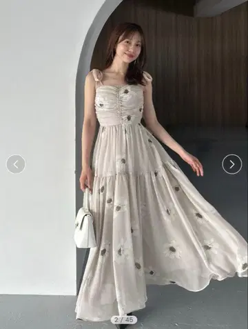 SNIDEL 프린트 숄더 리본 원피스 핑크 베이지