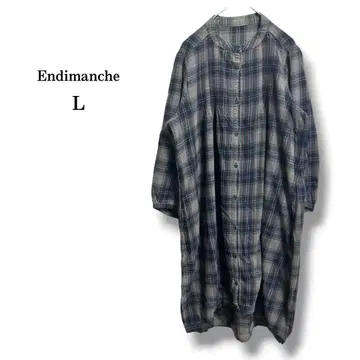 [앤디만셰] 노카라 블라우스 원피스 체크 그린 x 네이비 면 L