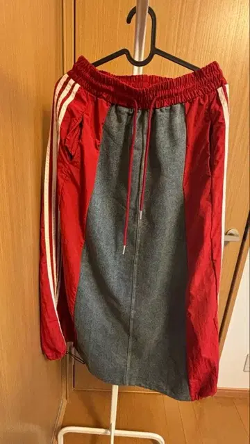 빨간색/데님 롱 스커트 허리밴딩