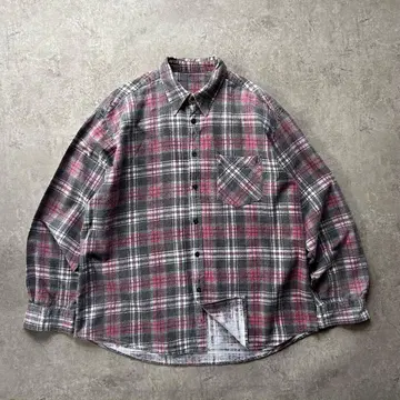 80s 90s 프린트 플란넬 셔츠 XL 상당 페이드 블랙 x 핑크