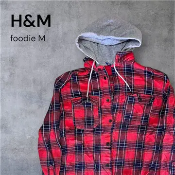 H&M 체크 무늬 후드 부착 후드티 M