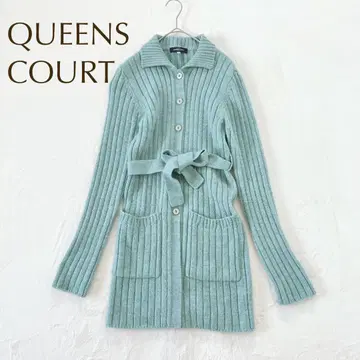 퀸즈 코트 [ M ] 니트 가디건 리브 튜닉 기장 허리끈 리본