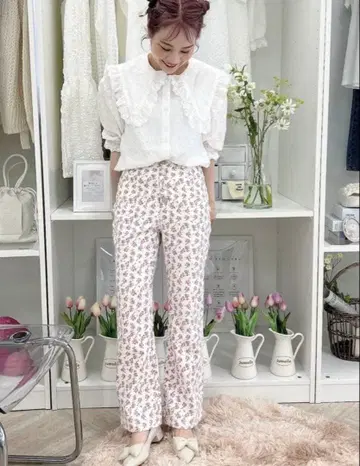 jumelle 주멜로 꽃무늬 코튼 팬츠 플레어 팬츠 플레어 슬랙스