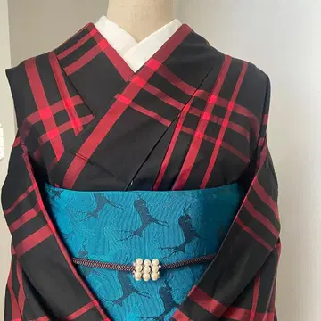 기모노 코몬 체크 톨 사이즈 블랙 빨간색 KIMONO