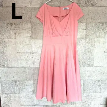 핑크 무릎 기장 플레어 원피스 반팔 L